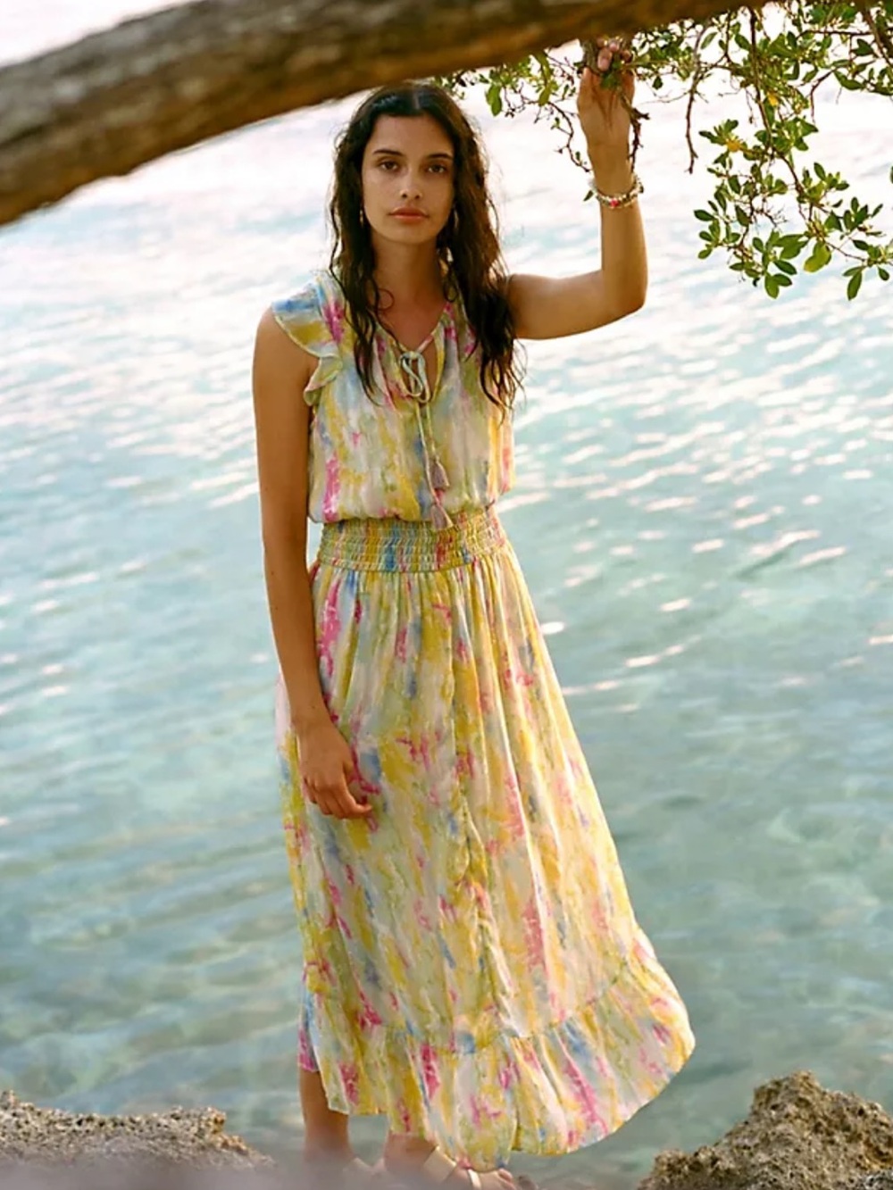 Anthropologie Yellow Pink Watercolor Midi Dress